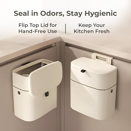 Image of HomeEssentials Wall Mounted Trash Can with Lid, Space-Saving Hanging Garbage Bin, Kitchen Cabinet Waste Bin, Bathroom Trash Can, Office & Small Spaces