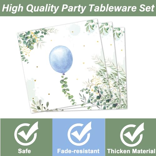 Image of 96 Pcs Oh Boy Watercolor Blue Balloon Party Supplies Greenery Boy Baby Shower Tableware Set Eucalyptus Party Favor Birthday Baby Shower Plates and Napkins Table Decorations for 24 Guests