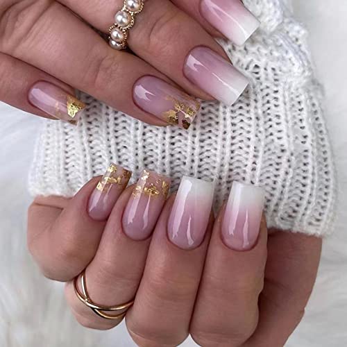 YOSOMMK Ombre Purple Press on Nails Short Square Fake Nails with Sequins Designs Glossy Full Cover False Nails Simple Artificial Acrylic Glue on Nails Bling Stick on Nails for Women