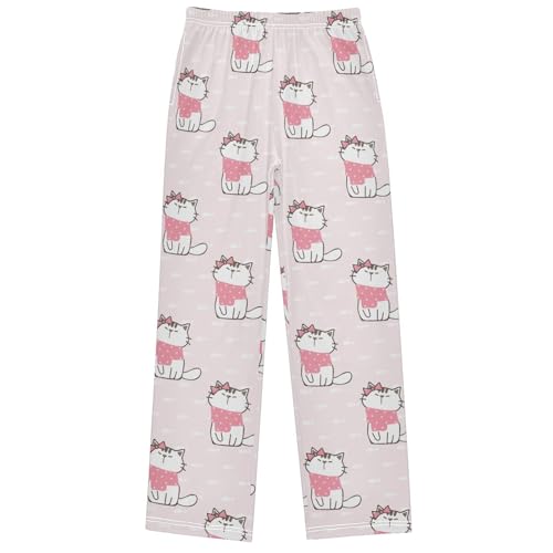 Boy's Lounge Pants Cartoon Cat Pink Scarf Bow Kids Jogger Pants Elastic Waist Long Bottoms with Pockets 6-14 Years