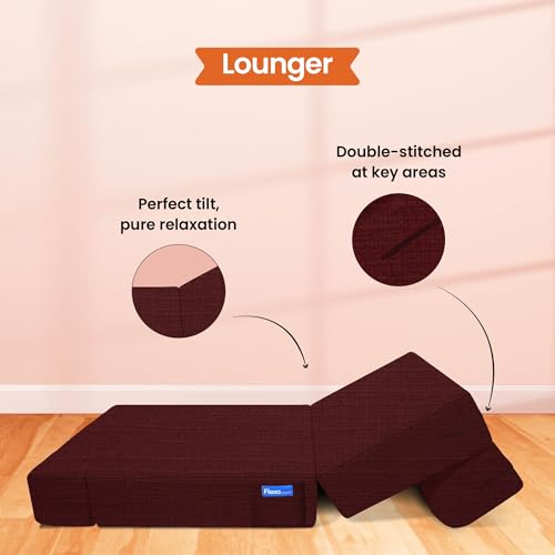 Image of Starlon 1 Seater Foldable Sofa Cum Bed 3-in-1 with 1 Floral Pattern Pillows, Washable Jute Fabric Cover, Space Saving Guest Bed, Pre-Assembled Royal maroon2.5x6 Ft