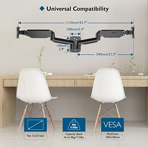 BONTEC Dual Monitor Wall Mount for 13-27 Inch Screens, Monitor Wall Mount with Gas Spring Arm up to 8 kg, Full Motion Tilt Swivel Double Monitor Wall Mount, VESA 75 & 100mm, Cable Ties included