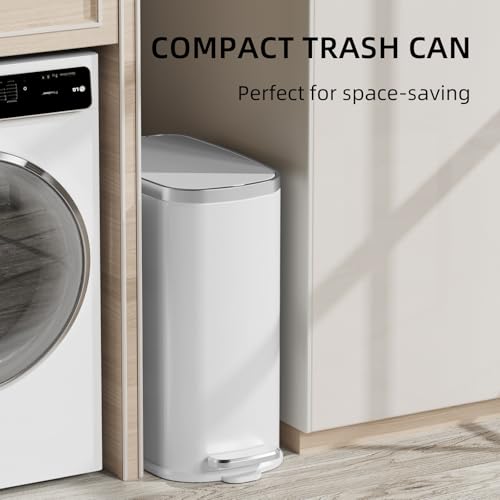 Image of KUK Slim Bathroom Trash Can with Lid Soft Close, Step Pedal, 2.6 Gal / 10L Stainless Steel Garbage Can with Removable Inner Bucket, Anti-Fingerprint Wastebasket for Office, Bedroom, Toilet (White)