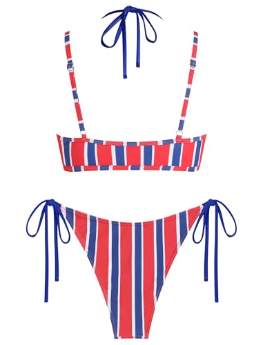 Image of ZAFUL Women's Polka Dot Bikini Set Double Layer Halter Swimsuit Colorblock Side Tie 2 Piece Bathing Suit