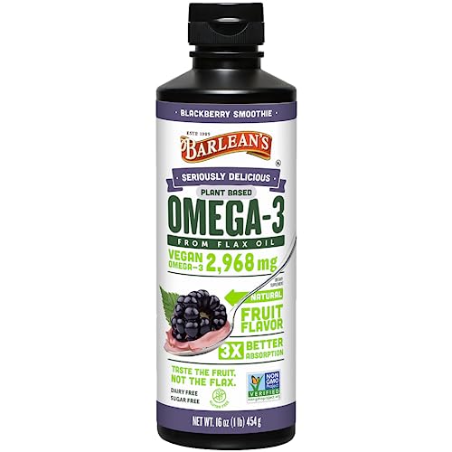Barlean's Vegan Omega 3 6 9 Flaxseed Oil Liquid Supplement, BlackBerry Smoothie, Flax Seed Oil, 2,968 mg ALA Fatty Acid, Non-GMO and Gluten Free, 16 oz