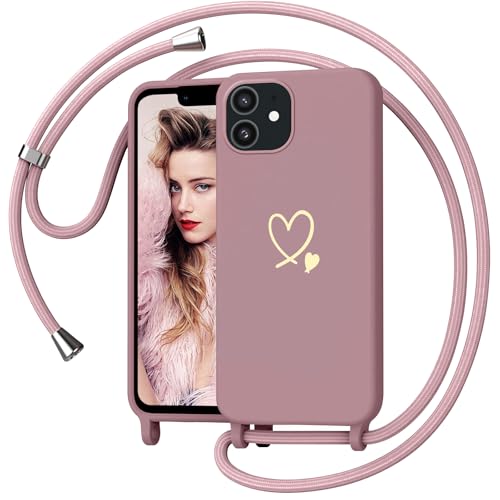 Yichxu Handyband für iPhone 12 Hülle mit Band Herz Design Necklace Handyhülle zum Umhängen Kordel Stoßfest Schutzhülle mit Kette Weich TPU Liquid Silikon Case für iPhone 12 Rosa