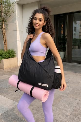 Image of Leosportz Gym Bag for Women Shoe Compartment | Yoga Bag for Girls Attached Yoga Strap | 30L Water-Resistant Sports Bag with Wet Pocket | Travel, Workout & Dance (Active Lifestyle, Black, Medium)