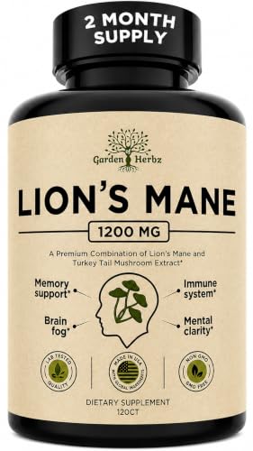 Lions Mane Mushroom Supplement Capsules with Turkey Tail for Memory & Focus - Cognitive Support Brain Fog 10:1 Extract 1200mg 3rd Party Tested Non-GMO Vegan Made in USA 120ct 2 Month Supply