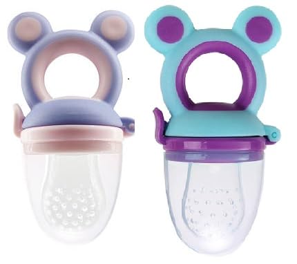 Image of Yummy Baby Fresh Fruit & Food Feeding Teether (2 Pack), Food Grade, BPA-Free, Ultra-Soft Silicone Pouches (Gray /Blue Bears)
