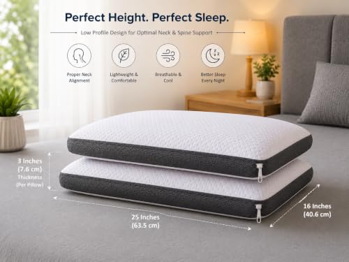 Image of Premium Knitted Fabric Memory Foam Bed Pillow, Standard Size 25 x 16 Inches, Set of 2, Orthopedic Neck Support Pillow with Removable Washable Zipper Cover, White