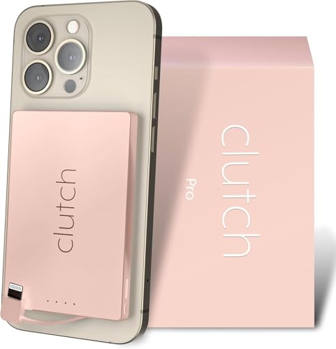 Clutch Pro Worlds Thinnest iPhone Charger Portable Power Bank 5000mAh Magnetic Built-in Lightning Cable TSA Approved Travel Charger iPhone 14 & Earlier Pink