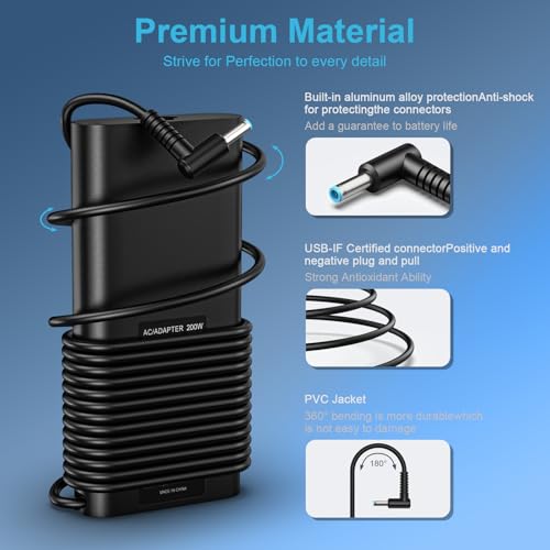 Image of 200W Laptop Charger Compatible with HP Omen Victus Gaming ZBook | AC Adapter for Omen Gaming 15 17, Pavilion 15 17, Victus Gaming 15 16, ZBook 17 G5 4.5x3.0mm Round Tip Power Supply