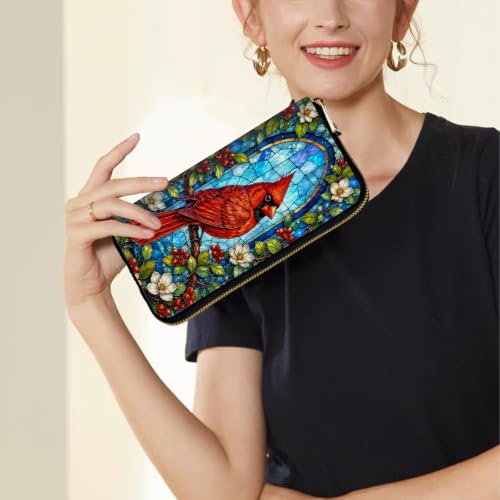 Image of Women's Wallets Credit Card Holder Money Leather Long Wallet | Long wallet with Wristlet,Large Capacity with Zip-Around Phone Purse for Women Ladies Girls,Red Hummingbird