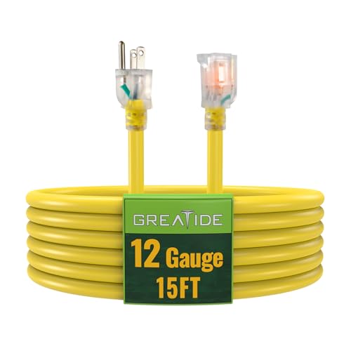 GREATIDE Outdoor Extension Cord with Lighted End 12 Gauge Heavy Duty Extension Cord 15 FT 3 Prong Grounded 15 Amp Extension Cord 12/3 SJTW Waterproof Power Cord for Appliance UL Listed Yellow