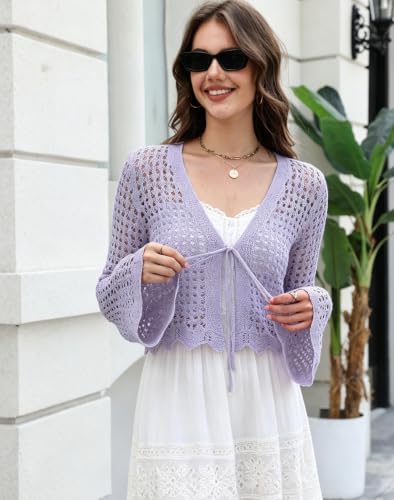 Image of Women's Crochet Tie Front Cardigan Cropped Knit Bolero Shrug Bell Sleeve