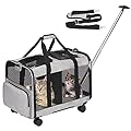 FASNATI Double-Compartment Pet Carrier with Detachable Wheels for Cat / Dog, Rolling Carrier for 2 Small Cats / Dogs / Rabbits, Super Ventilated Design, Ideal for Traveling / Walking / Camping, Grey