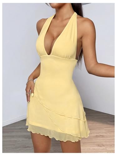 WDIRARA Women's Sleeveless Tie Backless Halter Dress Wrap Lettuce Trim Short Dress4