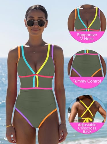 Image of popvil Women One Piece Swimsuit 2026 Tummy Control Sexy Cutout Neon Color Block Bathing Suit Slimming Adjustable Swimwear