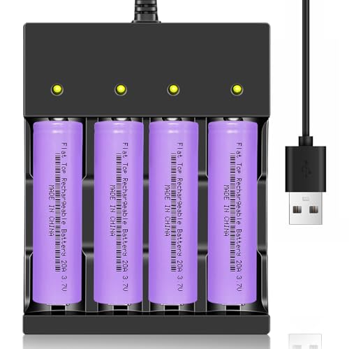 4 Pack 18650 Rechargeable Battery Flat Top 3000mAh With Charger, 3.7V Lithium Batteries Universal 4 Bay Charger for Vehicles Toys Headlamps Flashlight