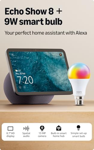 Image of Amazon Echo Show 8 (newest model), vibrant 8.7 inch HD display with spatial audio & Alexa, new sleek design, Graphite, combo with wipro 9W smart bulb