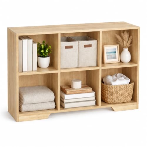 Image of 6 Cube Storage Organizer Wooden Bookshelf, Cube Shelf Bookcase, Small Bookshelf Storage Organizer, Narrow Cube Storage Shelf for Bedroom, Small Bookshelf for Living Room and Office (Natural, 6 Cube)