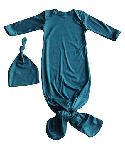 Image of Rocket Bug Plain Silky Knotted Baby Gown with Knotted Hat, Unisex, Boys, & Girls, Infant Sleeper-newborn gift,, first outfit (Newborn, Silky Midnight Teal)