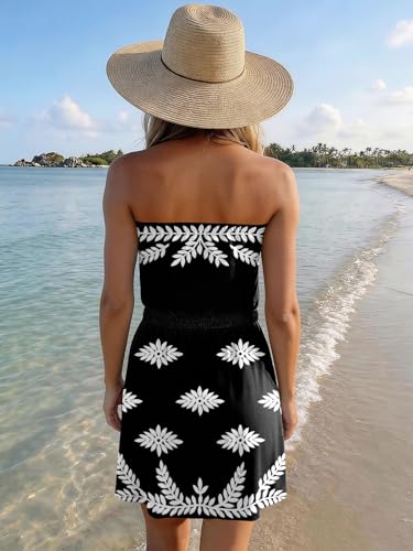Image of SAUKOLE Summer Dresses for Women Bandeau Strapless Smocked Elastic Waist Sundress Tube Mini Dress with Pockets