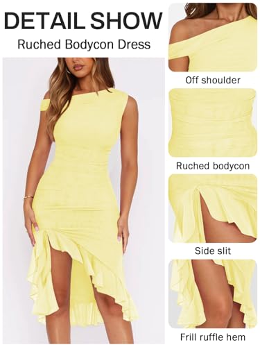 Women Sleeveless One Shoulder Bodycon Midi Dress Summer Side Slit Mesh Irregular Ruffle Cocktail Dress for Women3