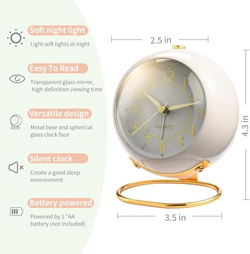 Image of Vintage Analog Alarm Clock with Night Light, Silent Non-Ticking Quartz Movement, Battery Powered Round Desk Clock with Gold Metal Stand, HD Glass Dial for Bedroom, Office, (English Multicolor)