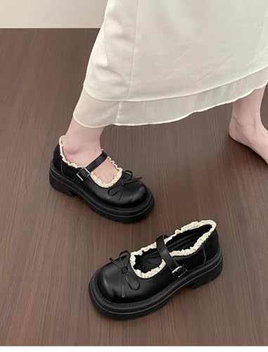 ZQW Women’s Cute Mary Jane Flats with Bow Lace Japanese Kawaii JK Uniform Lolita Shoes Outfit Daily Wear Sweet School Girl2