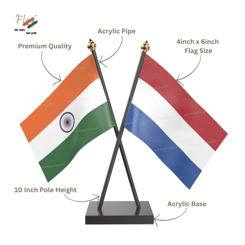 Image of The Flag Company Country Cross Table Desk Flags on Acrylic Base with Poles (Length: 10 inches) | Use for Home & Office,Conference (Netherland)