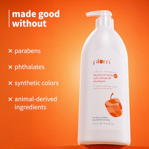 Image of Plum Anti-Dandruff Shampoo With Volcanic Minerals & 0.5% Salicylic Acid | 72-Hr Dandruff & Frizz Control|Maintains Healthy Scalp Barrier | Gently Exfoliates & Clarifies | Prevents Rough,Dry Hair 500ml