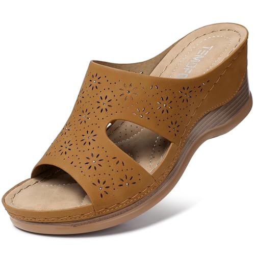 Image of TEMOFON Women Wedge Sandals Dressy: Comfortable Lightweight Summer Shoes | Low Wedge Heel - Fit Wide Feet - Comfy Stylish Slip on Sandals Size 5-11