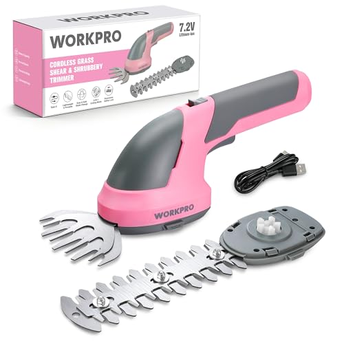 WORKPRO Cordless Grass Shear & Shrubbery Trimmer - 2 in 1 Handheld Hedge Trimmer 7.2V Electric Grass Trimmer Hedge Shears/Grass Cutter Rechargeable Lithium-Ion Battery and Type-C Cable - Pink Ribbon