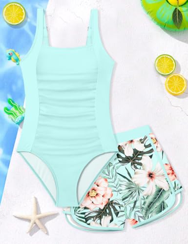 Image of Girls Swimsuit One Piece Swimsuits Color Block Bathing Suit for Girls Adjustable Strap Padded Swimwear with Shorts