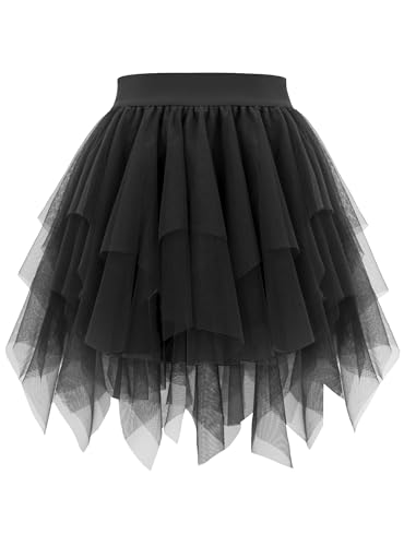 tagunop Womens Tulle Skirts High Low Layered Puffy Fairy Skirt Mini Party Costume Irregular Adults Tutus Black S