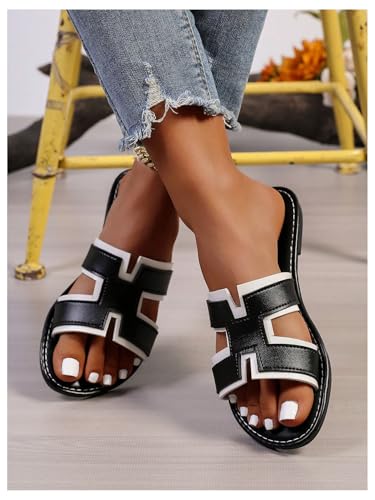 GORGLITTER Women's H Sandals Color Block Round Open Toe Dressy Flat Slides3