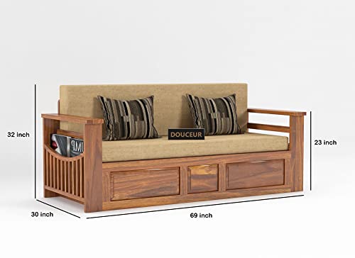 Image of Douceur Furnitures Solid Sheesham Wooden Sofa Cum Bed Queen Size with Storage for Living Room |Wooden Foldable 3 Seater Sofa Cum Bed with Headboard Folding Double Bed for Bedroom (Natural Teak Finish)