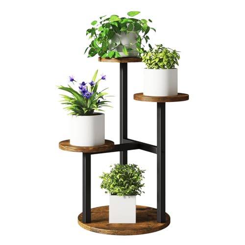 IBUYKE 4 Livelli Porta Piante da Interno, Scaffale per Piante da Fiore Alto 52.5cm per Piante Multiple, Piccolo Portavasi da Interno Moderno per Giardino Terrazza Balcone, Marrone Rustico TMJ073H
