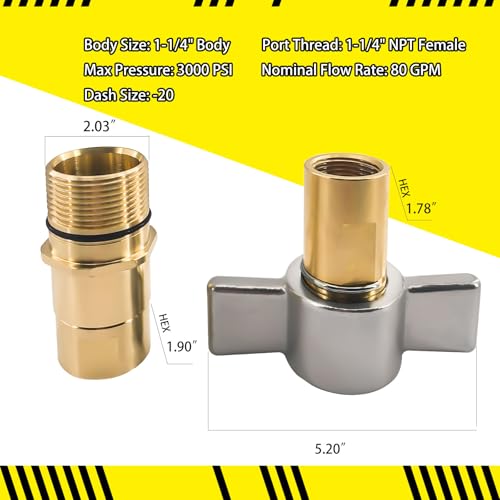Image of 1-1 /4 inch NPT Wet-Line Wing Nut Hydraulic Quick Disconnect Coupling Set,Heavy Duty Brass Coupler and Nipple fit for Dump Trailer Live Bed Equipment(2pcs)