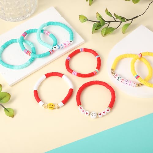 Image of Preppy Bracelets Set Colorful White Gold Smile Heart Star Polymer Beaded Pearl Clay Stackable Charm Y2K Kidcore Aesthetic Summer Beach Bohemian Stretch Layering Bracelets Jewelry for Girls Women Teens