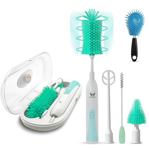 Image of Baby Electric Bottle Brush Cleaner for New Parents, Rechargeable 360° Rotation Bottle Cleaner Set, Travel Bottle Cleaner Kit with Nipple, Straw Brush and Milk Frother for New Baby Shower
