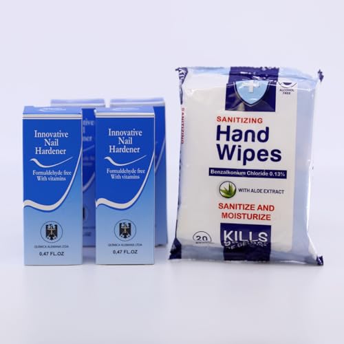 (Pack of 4) Qumimca Alemana Innovative Nail Hardener 0.47 fl oz | Fomaldehyde free with vitamins | protective barrier prevents chipping) |nail strengthener with Sanitizing hand wipes(20 sheets)