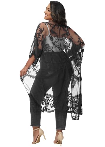 Image of Anna-Kaci Women's Plus Size Lace Cardigan Embroidered Long Kimono Dusters with Half Sleeves