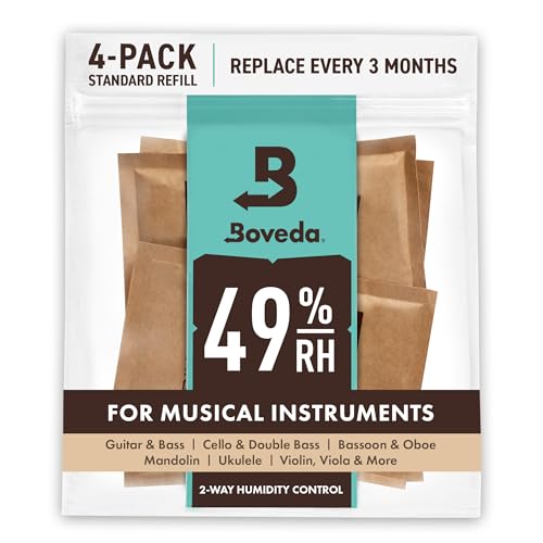Boveda 49% Two-Way Humidity Control Packs for Music Instruments – 4 Pack – Standard Size – Prevents Warping & Cracking for Wooden Instruments– Humidifier Packs for Instrument Cases – Resealable Bag