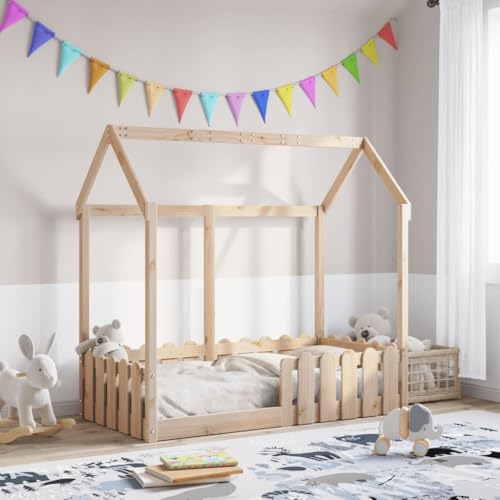HaoChrymec Cama Infantil con Diseño Casita, de Madera Maciza de Pino, con Barandillas de Seguridad, Cama Infantil Ideal para Habitación Infantil o Juvenil, Color Natural, 70x140 cm