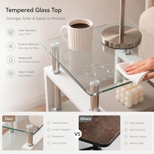 Image of Meihua Tempered Glass End Table, White Modern Square Side Table with Metal Frame, 2-Tier Glass Accent Table for Living Room, Bedroom, Apartment & Small Spaces