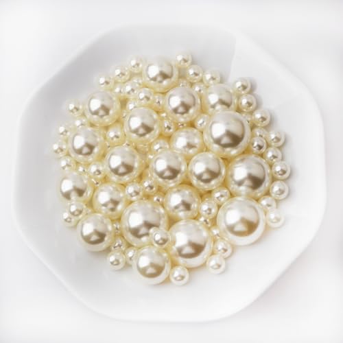 Yixuan Perlas Brillantes Elegantes, 120 Piezas 10mm/20mm/25mm Perlas de Plástico sin Agujeros Ideal para Relleno de Floreros, Manualidades DIY, Bodas, Decoración de Mesa y Hogar (Mezcla marfil)