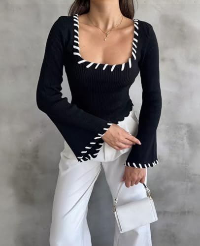 chouyatou Women's Sexy Square Neck Cropped Sweater Contrast Trim Bell Long Sleeve Pullover Slim Fit Sweater Tops3
