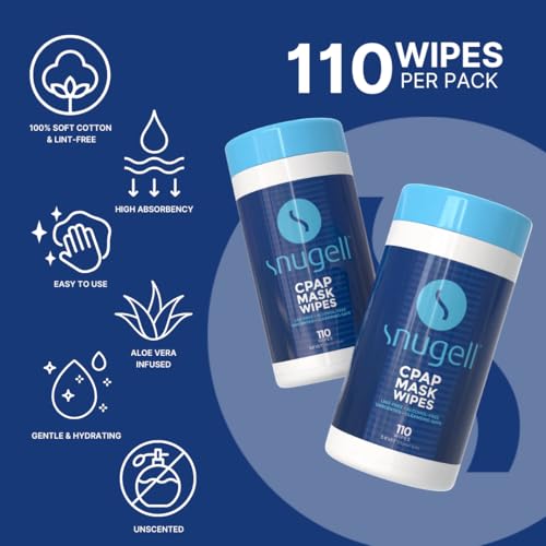Image of Snugell Unscented CPAP Mask Wipes - 110 Count -100% Soft Cotton - Lint & Alcohol-Free - Skin-Safe Formula with Aloe Vera - Easy-to-Open Canister - Perfect for Cleaning CPAP Masks, Tubes, and Devices